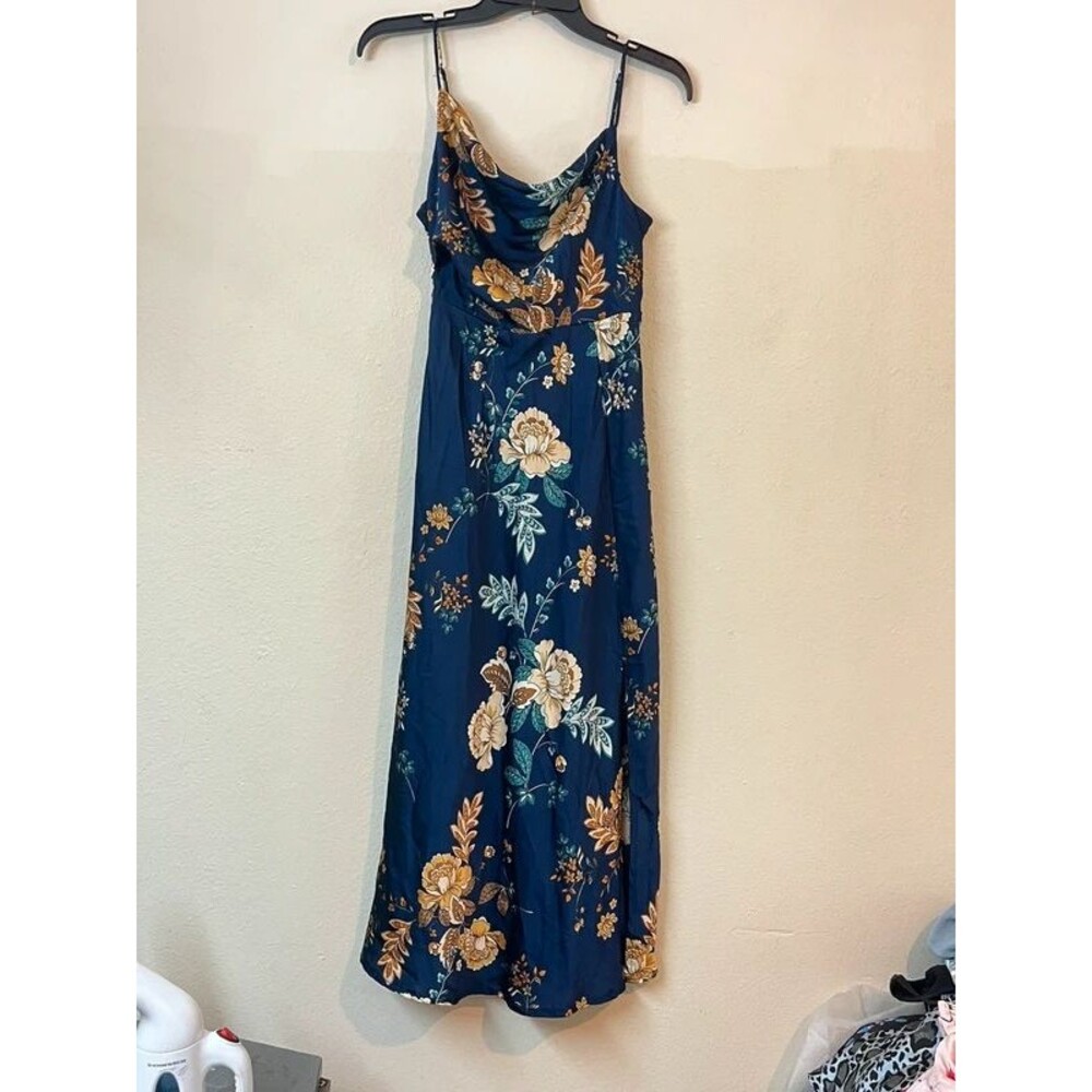 Navy White Yellow Floral Satin Dress Small NWOT Bridesmaid